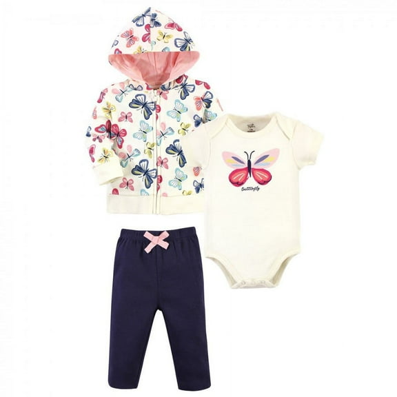 Touched by Nature Baby and Toddler Girl Organic Cotton Hoodie, Bodysuit or Tee Top, and Pant, Bright Butterflies, 0-3 Months