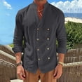 thumbnail image 4 of hoksml Men's Mandarin Collar Double Breasted Long Sleeve Linen Blend Shirt Breathable Loose Fit Casual Beach Button Down Shirt, 4 of 8