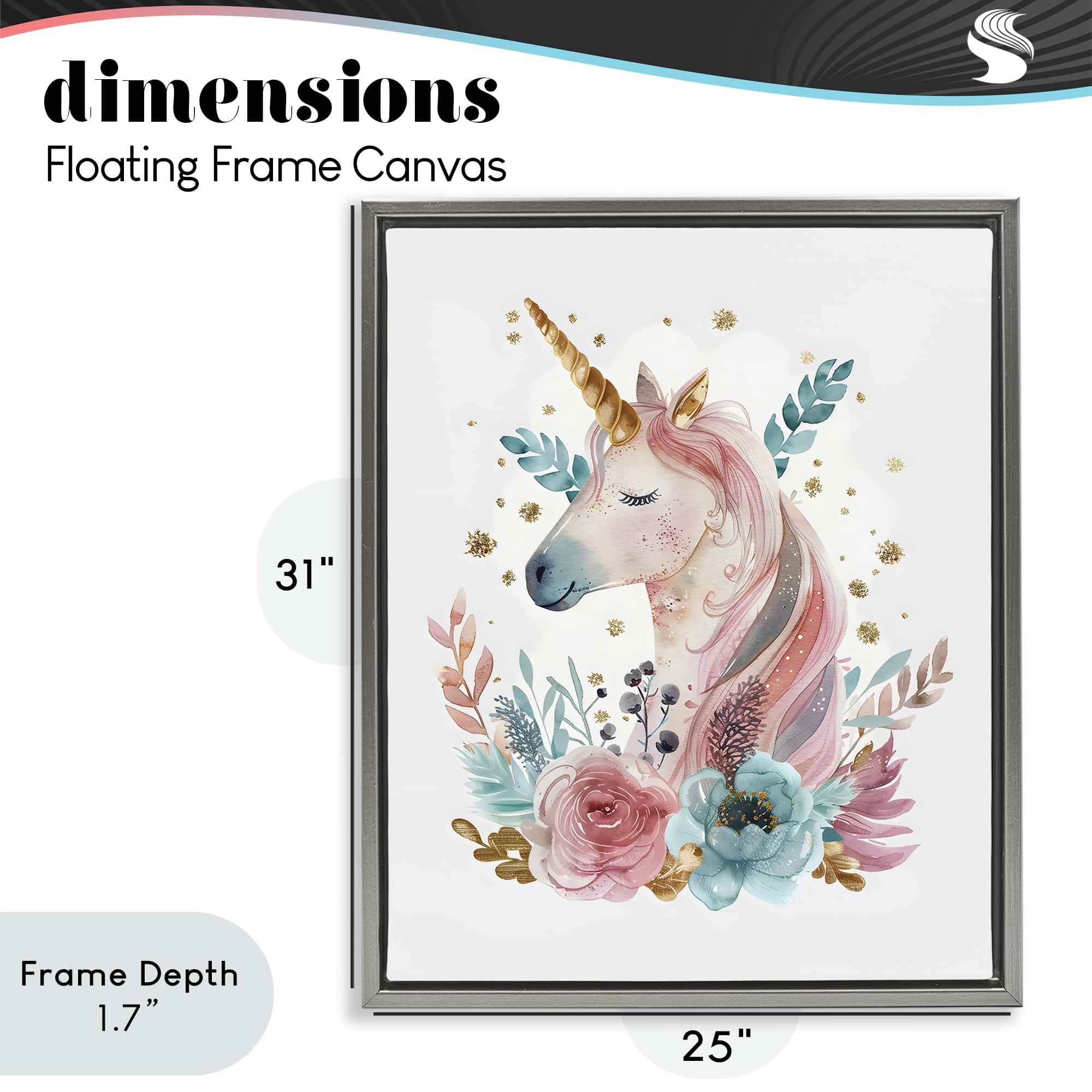 Stupell Industries Floral Unicorn with Gold Details Gray Framed Floater Canvas Wall Art, design by LSR Design Studio