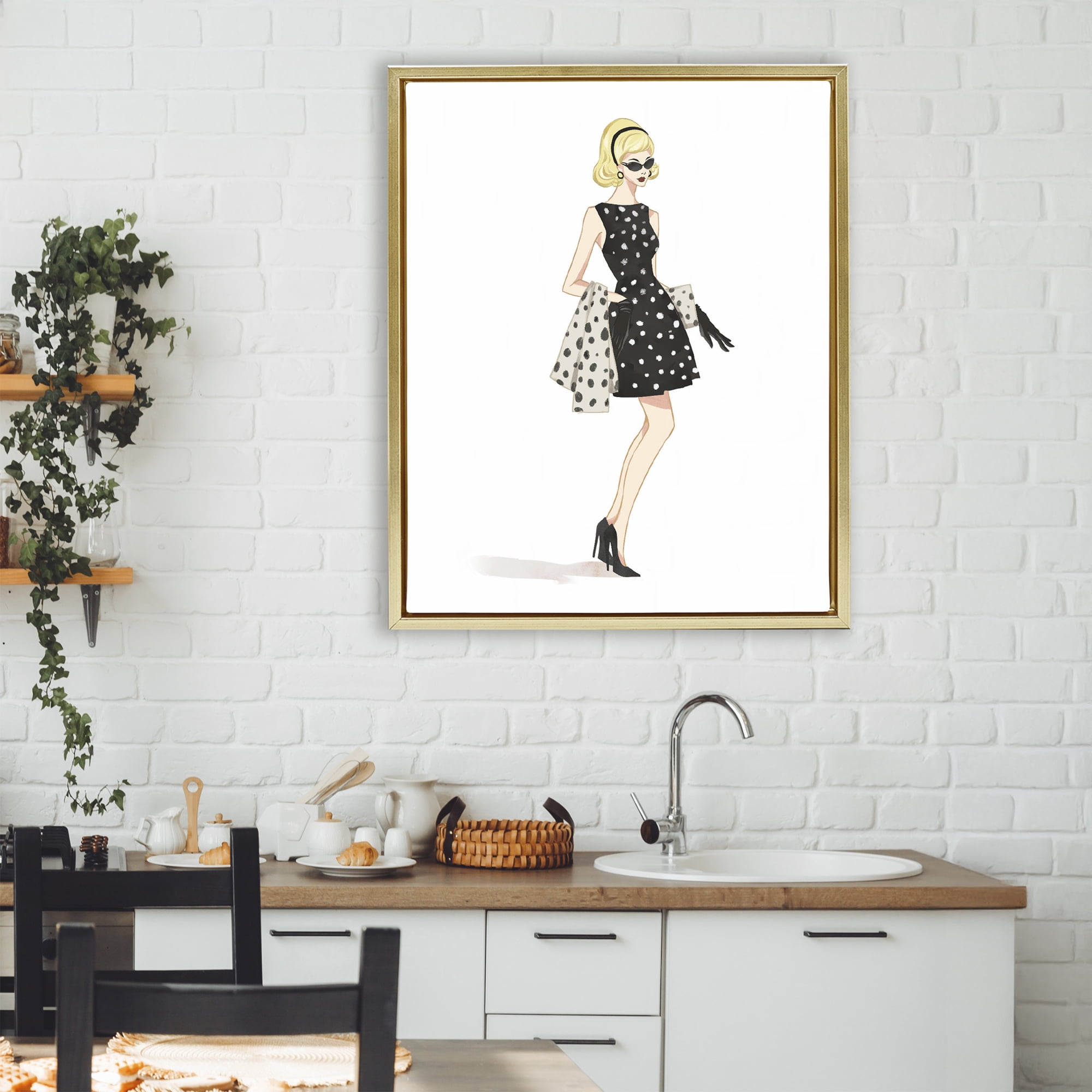Stupell Industries Feminine Retro Fashion Gold Framed Floater Canvas Wall Art, design by Ziwei Li