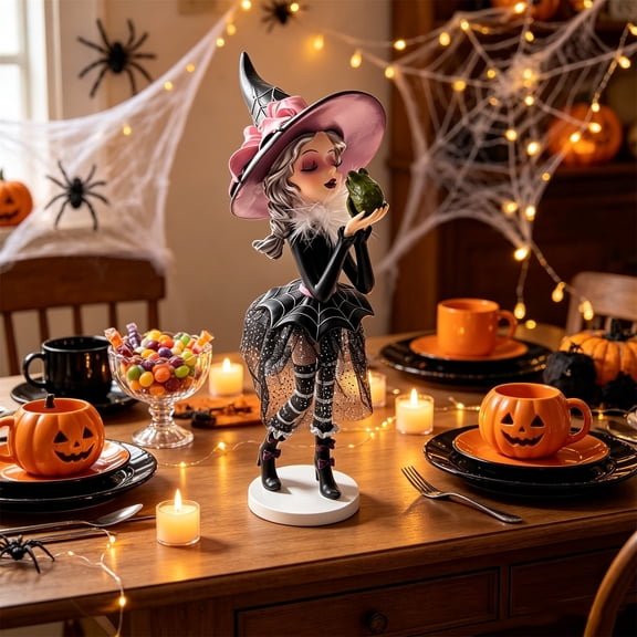 AMARHH Halloween Witch Kissing Frog Figurine, Whimsical Halloween Witch Figurine with Glittery Tulle Skirt Web Cape, Table Ornament For Indoor Shelf Mantel Entryway