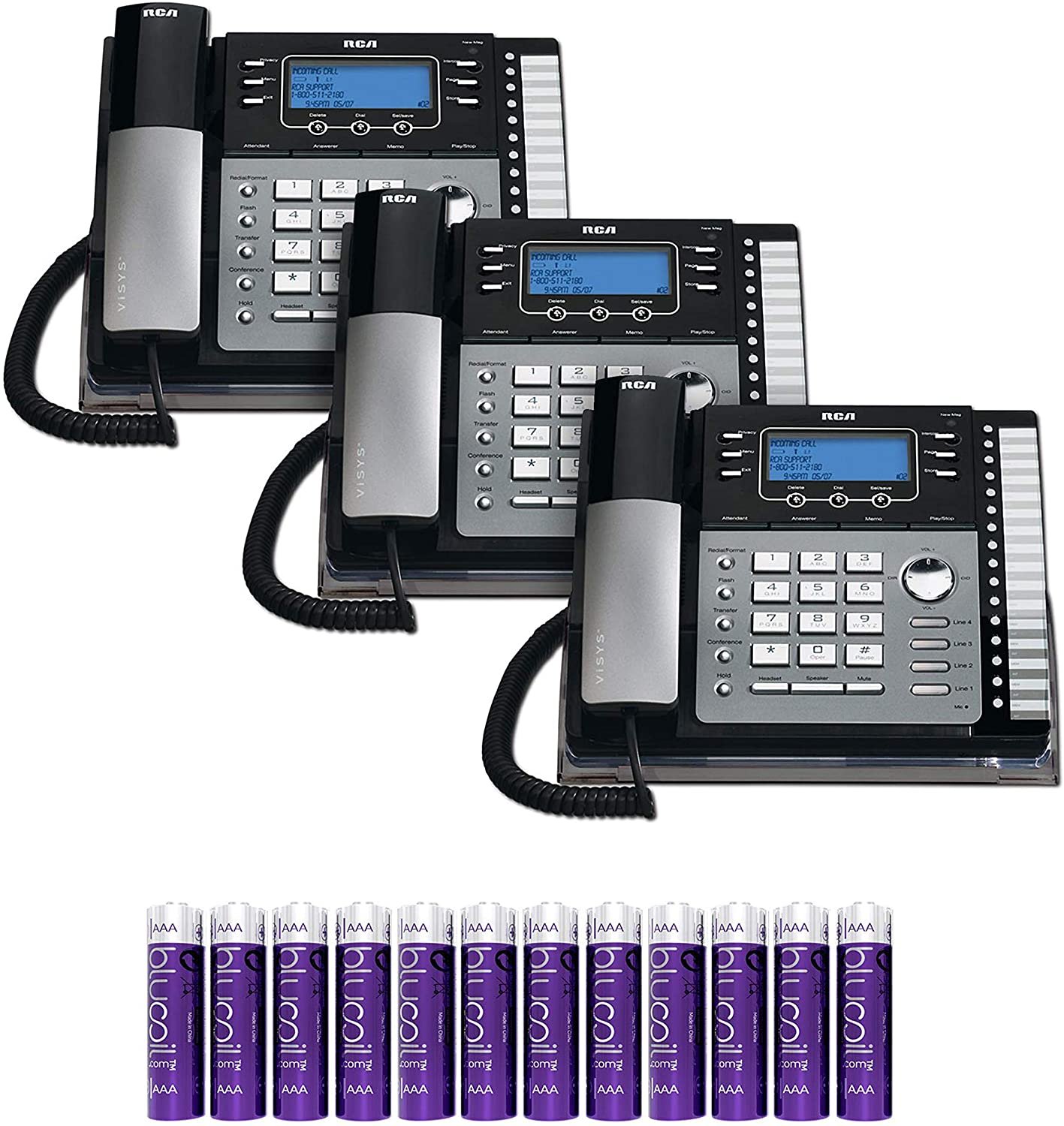 RCA 25424RE1 4Line Corded Phones, 3Pack with Blucoil 12 AAA Batteries