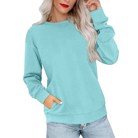 Women's Casual Fashion Solid Color Round Neck Long Sleeve Lightweight Pullover Sweatshirt with Side Pockets for Warm Comfort and Everyday Wear,Light Blue,M