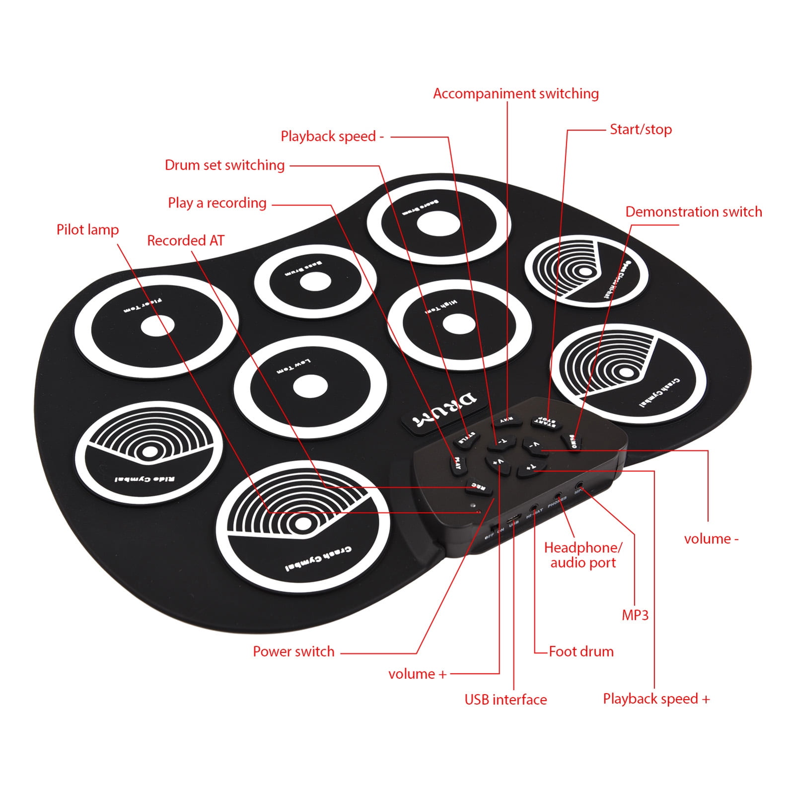 YAHHU Electronic Drum Set Hand Roll Practice Pad Kit 9 Pads MIDI Interface Portable Tabletop Electric Drums with Foot Pedals and Drumsticks for Holiday Birthday Gifts 16.1 Inches