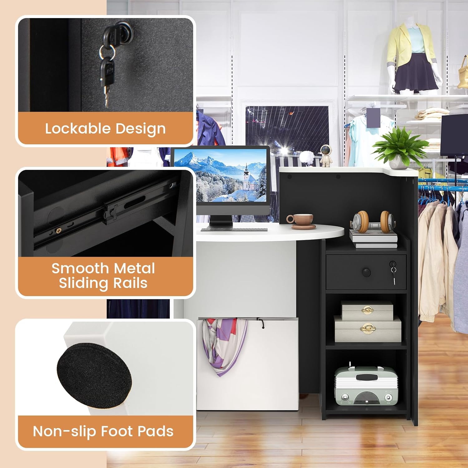 Reception Desk, Small Retail Checkout Counter with Lockable Drawer and Open Shelves, Wooden Front Desk Reception Counter, Oval Desktop & L Counter for Store Office Lobby Salon (Black)