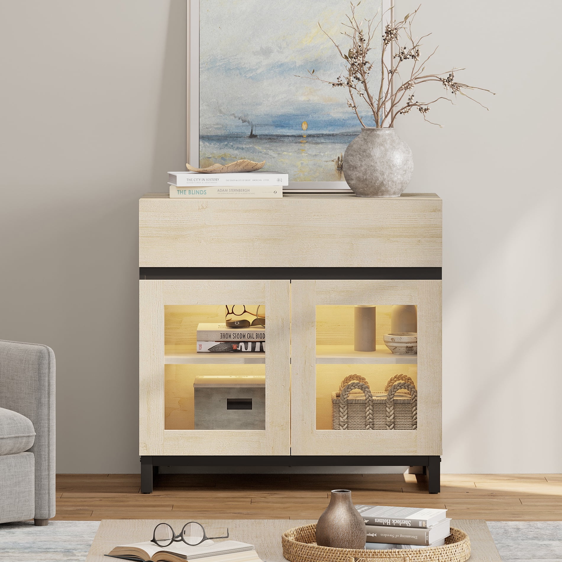 Modern TV Stand with Glass Door & 1 Drawer, Metal Base Entertainment Console for 32-40 Inch TVs, Media Console for Living Room & Bedroom,Beige