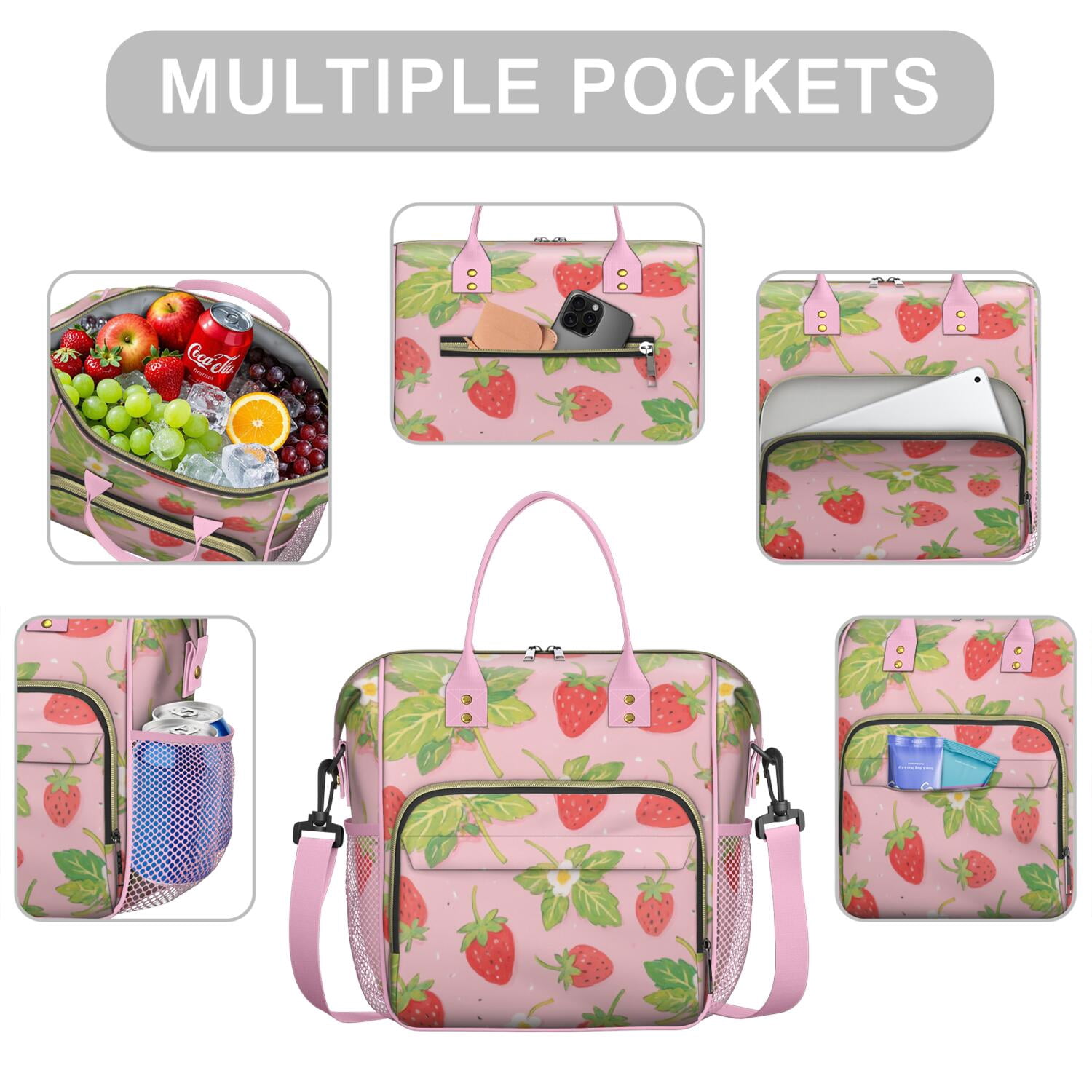 Large Cooler Bag Insulated Bags for Working Women,Leakproof Lunch Box with Multi Pockets for Adult,Insulated Lunch Box for Beach,Picnic,Work,Strawberry