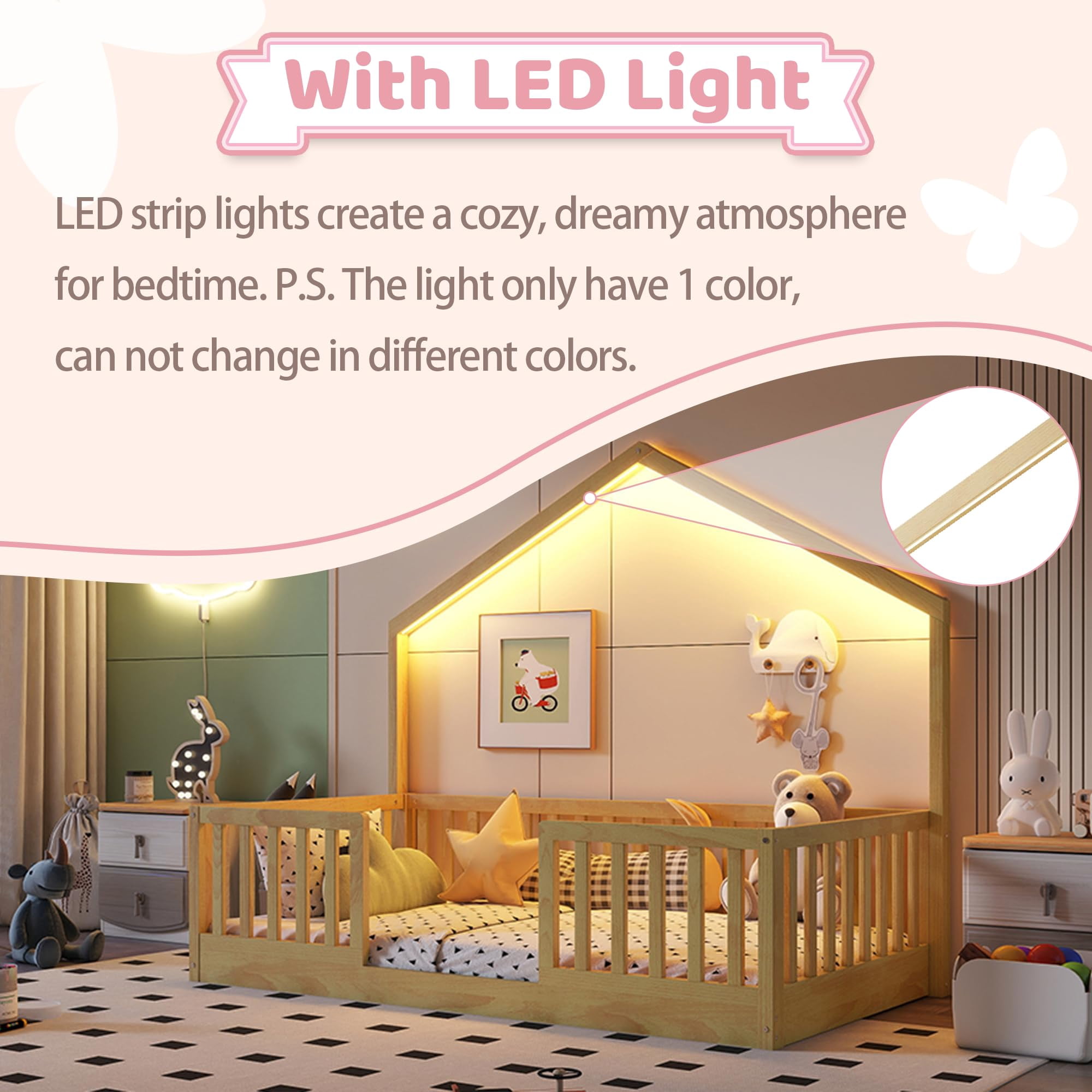 Twin Floor Bed with High Rails, Wooden Montessori Bed Frame with Single Color Light and House Shape Design, Low Profile Beds for Kids, twin bed frames Natural