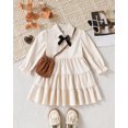 thumbnail image 4 of Kucnuzki 4T Toddler Girl Outfit Set 5T Kid Child Skirt Set Long Sleeves Solid Color A-line Dress Bowknt Tie One-piece Dresses Knitted Tank Top 2pcs Sweet Clothing Apricot, 4 of 10