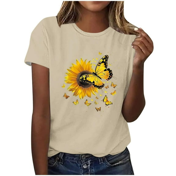 HAPIMO Women' Plus Size Casual Loose Flower Graphic Bsaic Tees Elegant Blouses Crew Neck Tees Summer Tops for Women Fashion Clothes Dressy Tunic Beige XXXL