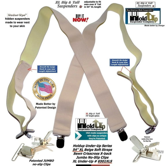 Holdup Suspender Company Inc Hold-Ups 2" Wide Undergarment XL Hidden Suspenders in X-back with Patented Silver No-slip Clips