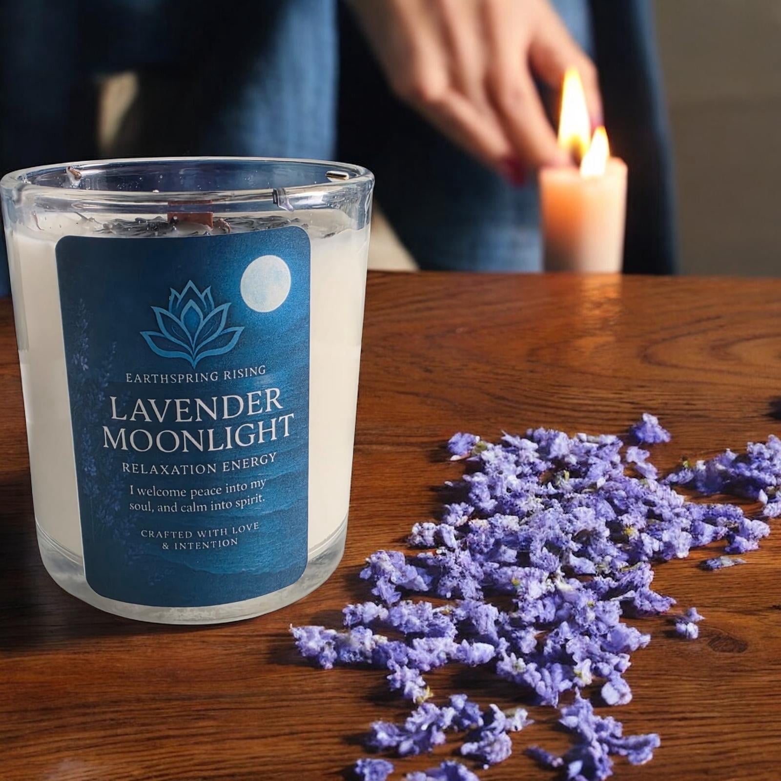 Lavender Moonlight Candle – Lavender, Chamomile, Ylang Ylang & Vanilla | 10oz Soy Wax Wood Wick Candle with Wood Lid | 50-Hour Burn Time