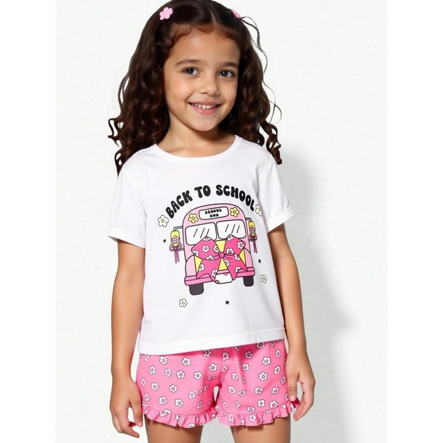 Young Girls T-Shirt Co-Ords Girls Back To School Puff Sleeve T-Shirt And Pink Floral Shorts, Cute Summer Outfit Girls School Bus Graphic Tee With Ruffled Floral Shorts, Fun Back To School Outfit