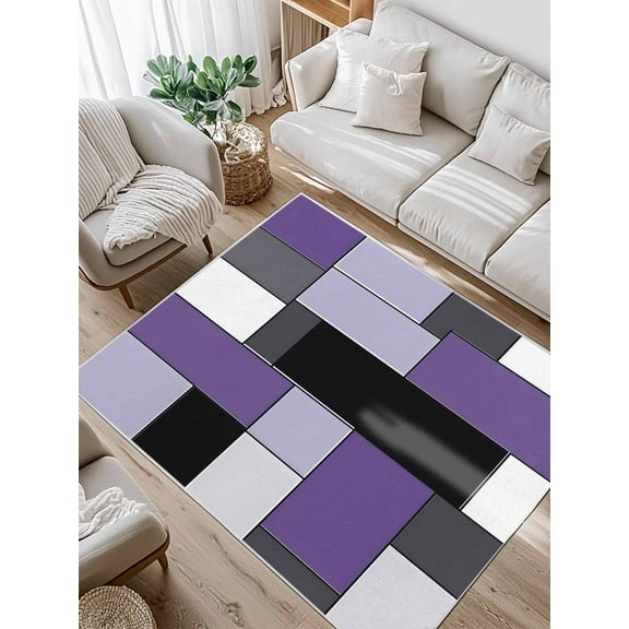 Purple Black Area Rug for Bedroom 5x7 Ft Geometric Abstract Color Block Patchwork Super Soft fuzzy Throw Rug Non-Slip Fluffy Plush Indoor Floor Carpet for Living Room Nursery Home Decor
