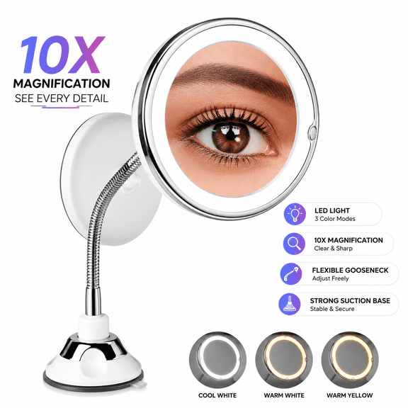 Flexible 10x Magnifying Mirror Suction Cup ,Upgraded Bathroom Vanity Mirror with Lights,Portable Cordless Travel and Home Bathroom Vanity Mirror (Battery Operated)