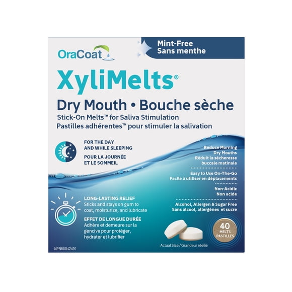 Oracoat XyliMelts Dry Mouth Mint Free Stick On Melts for Saliva Stimulation 40ct. Long-lasting Relief- Sticks and says on gum to coat, moisture and lubricate