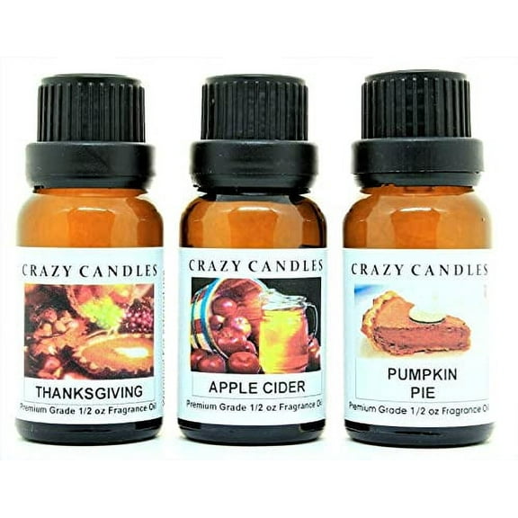 Crazy Candles 3 Bottles Set, 1 Apple Cider, 1 Pumpkin Pie, 1 Thanksgiving 1/2 Fl Oz Each (15ml) Premium Grade Scented Fragrance Oils