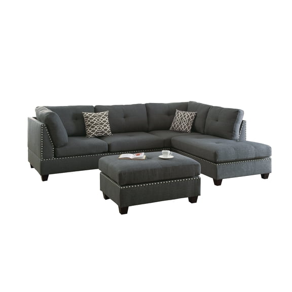 Bobkona Kipp Reversible Sectional Set with Ottoman in Blue Grey