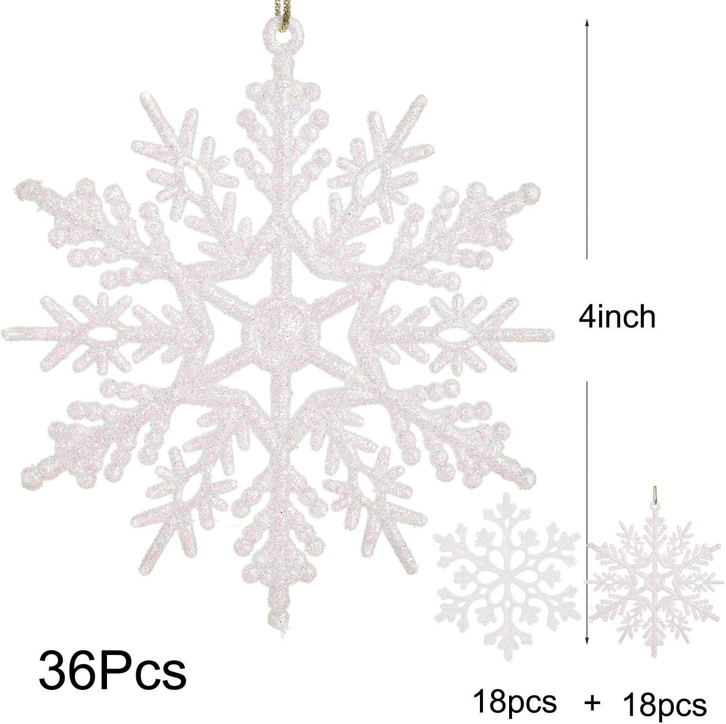 kockuu 36pcs White Snowflake Ornaments Plastic Glitter Snow Flakes  Ornaments for Winter Christmas Tree Decorations Size
