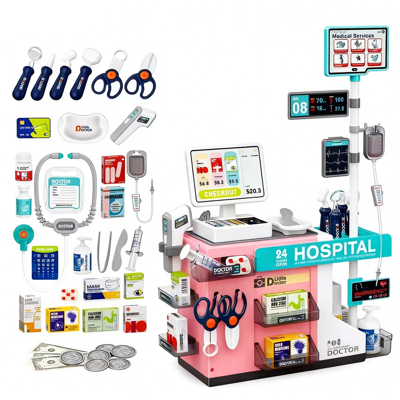 Anpro, Kids Doctor Kit, 46Pcs, Pink Medical Toy Educational Set