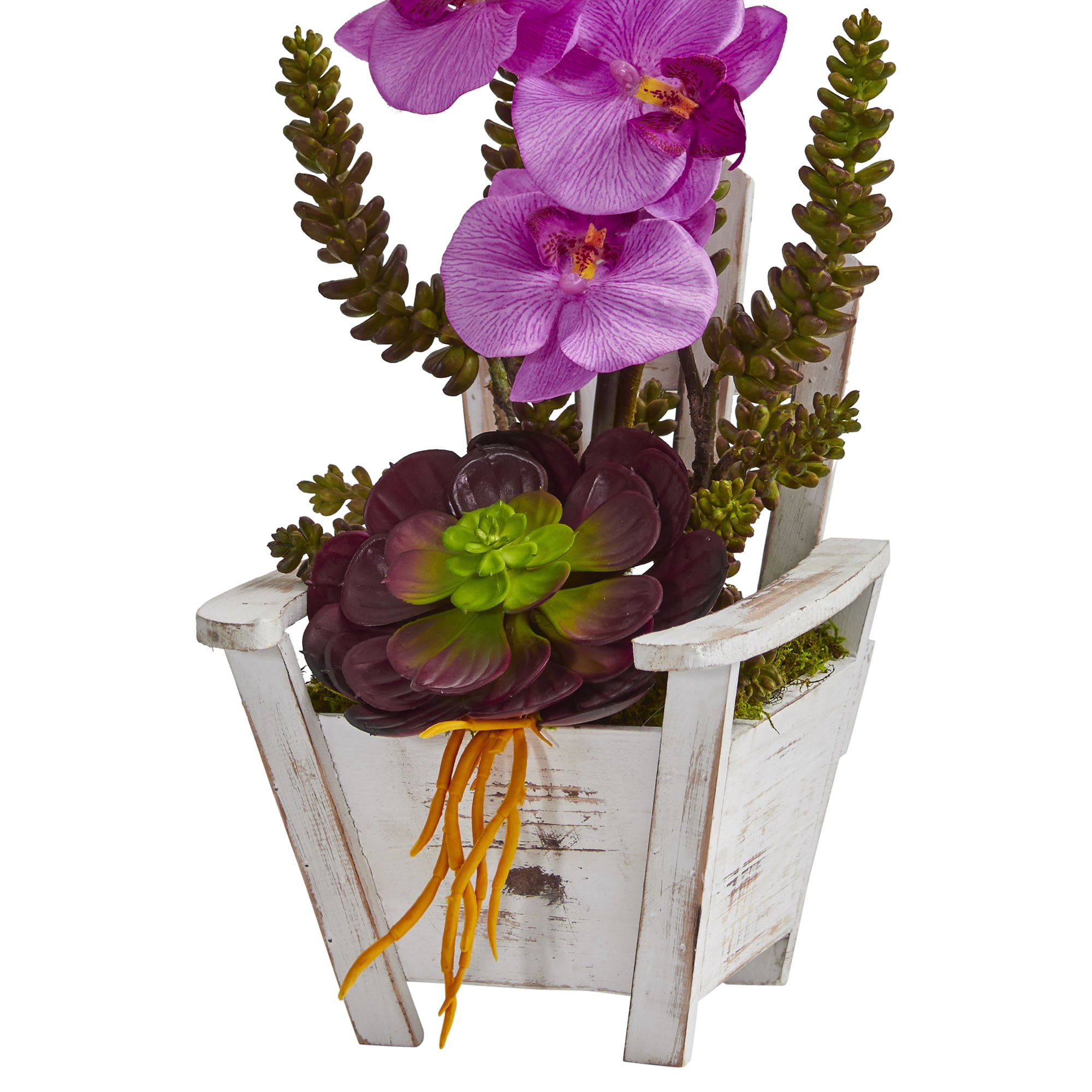 Nearly Natural Phalaenopsis Orchid & Succulent Artificial Arrangement in Chair Planter, Mauve