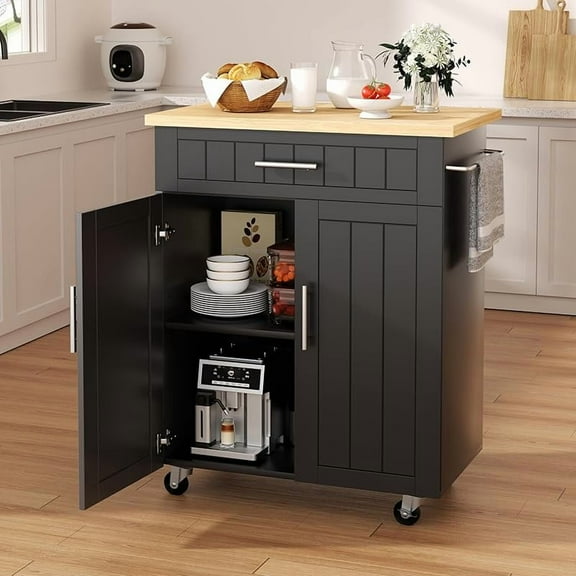 MY Kitchen Island Cart with Storage,Rolling Kitchen Island Side Table on Wheels with Worktop,Single Door Storage Cabinet and Drawer for Kitchen,Dinning Room, Black