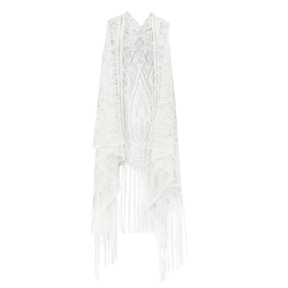 Hollowed Lace Beach Cardigan Coverup Women Fringe Vest Sleeveless Tassels Cardigans Top For Pool Parties Daily Wear