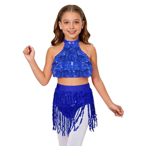 TSSOE Kids Girls Sleeveless Backless Tiered Sequins Crop Top with Sequin Tassel Briefs for Dance Performance Competition Royal Blue 14