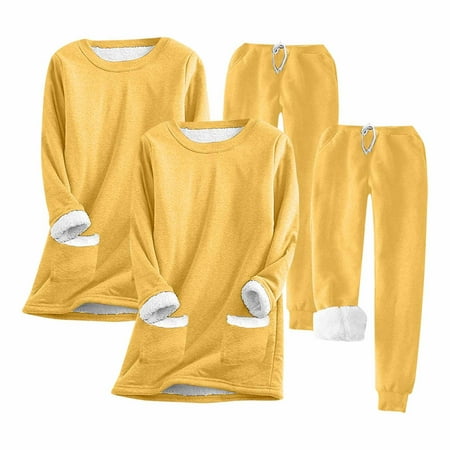 Stamzod Thermal Underwear for Women with Fleece Lined Base Layer Winter Top Pants Lounge Sets Long Sleeve Solid Womens Pajama Sets with Pockets on