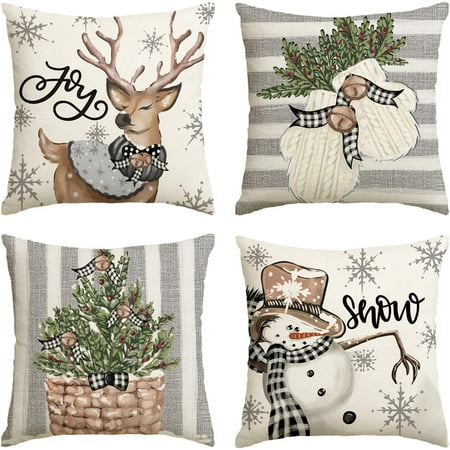 

Christmas Snowman Reindeer Gloves Eucalyptus Throw Pillow Covers 16x16 inch Winter Holiday Stripes Cushion Case Decoration for Sofa Couch Set of 2