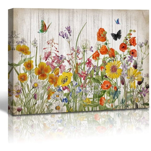 Framed Flower Wall Art Yellow Orange Wildflowers and Butterfly Painting Colorful Floral Picture Room Decor for Teen Girls Farmhouse Bathroom Decor Vintage Home Decoration 12"x16" 1 Piece