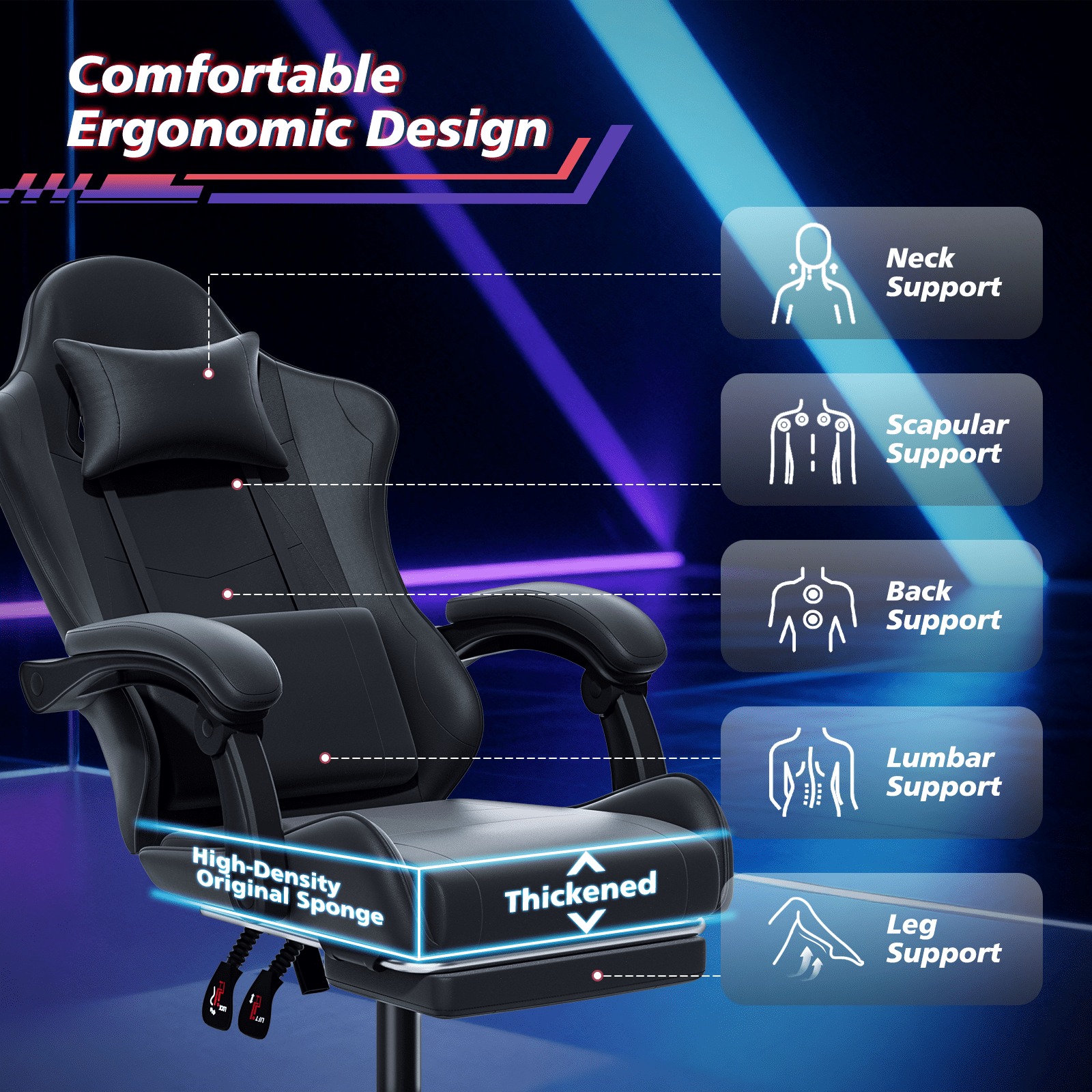 Magshion Ergonomic Gaming Chair with Headrest, Lumbar Support & Footrest - Adjustable Reclining Computer Chair for Adults, High Back Office Desk Chair, 350lbs Capacity， Black