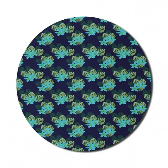 Tropical Mouse Pad for Computers, Exotic Leaves and Flowers Blooming Hawaiian Foliage Botanical Pattern, Round Non-Slip Thick Rubber Modern Mousepad, 8" Round, Indigo and Multicolor, by Ambesonne