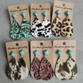 thumbnail image 3 of RSAMD Nature Turquoise Stone Genuine Cowhide Leather Leopard Furry Teardrop Earrings-#5, 3 of 9