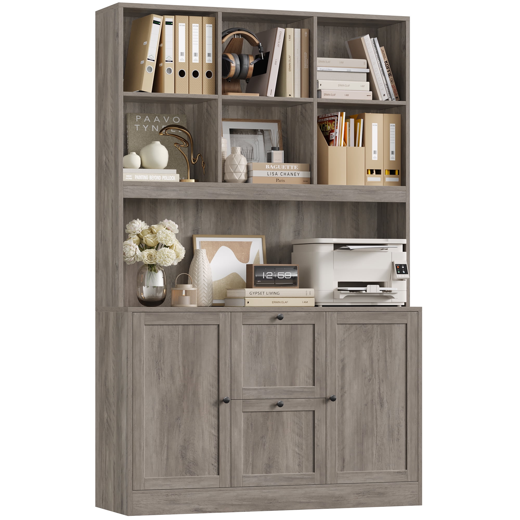 Homfa 71″ 6 Cubes Bookcases with 2 Storage Drawers and Charge Station, 3 Tier Bookshelf with Adjustable File Storage Cabinet for Living Room Home Office, Gray