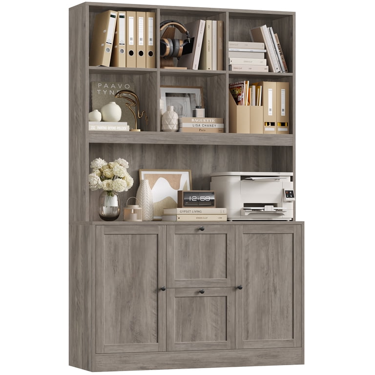 Homfa 71-Inch 6-Cube Bookcase with Drawers and Charge Station, Gray photo 4