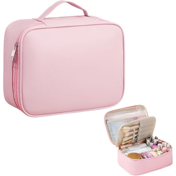 Cosmetiquera Para Maquillaje, Bolsa de maquillaje para viaje de gran capacidad, Cuero Impermeable, Neceser, Almacenamiento particionado de 3 capas, Ideal Para Uso Diario y Viaje (Rosa)