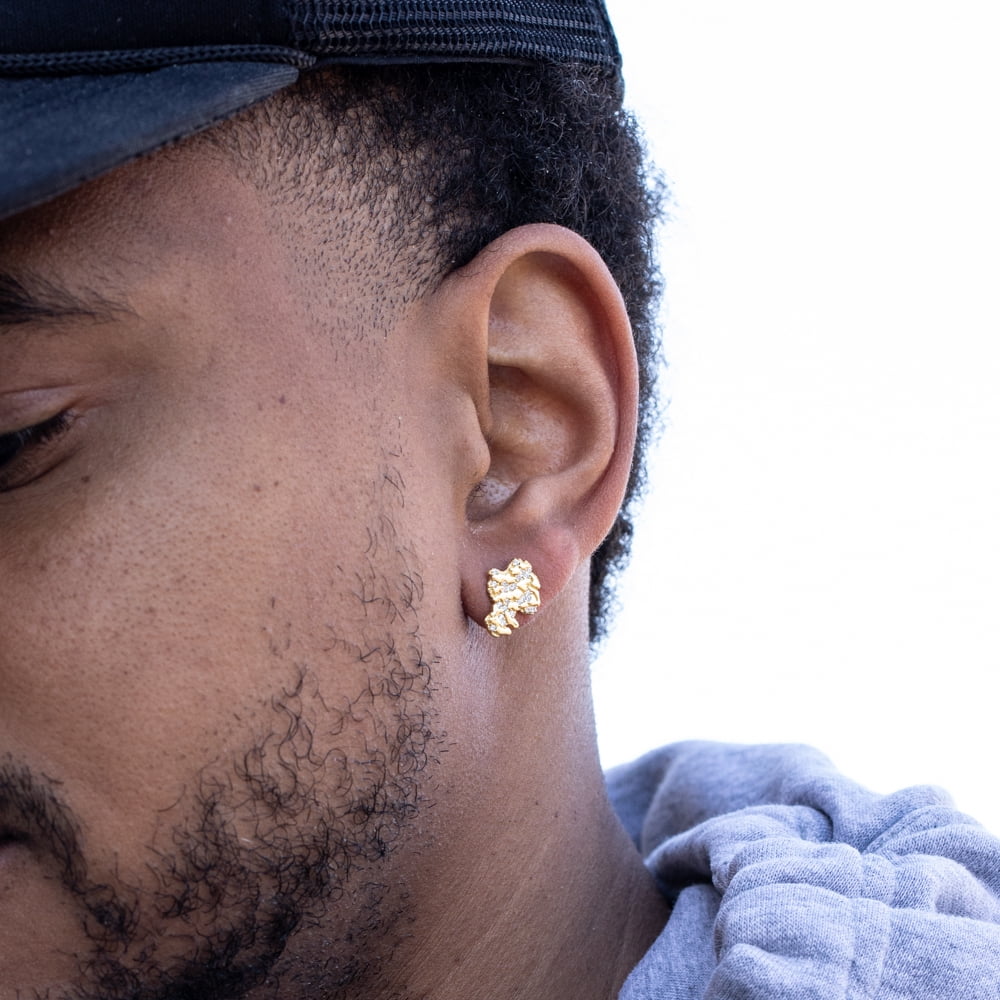 Solid 14K Yellow Gold Plated 925 Sterling Silver Screw Back Post Men’s Diamond Cut Stud Cz Retro 90's Hip Hop Iced Solid Nugget Earrings