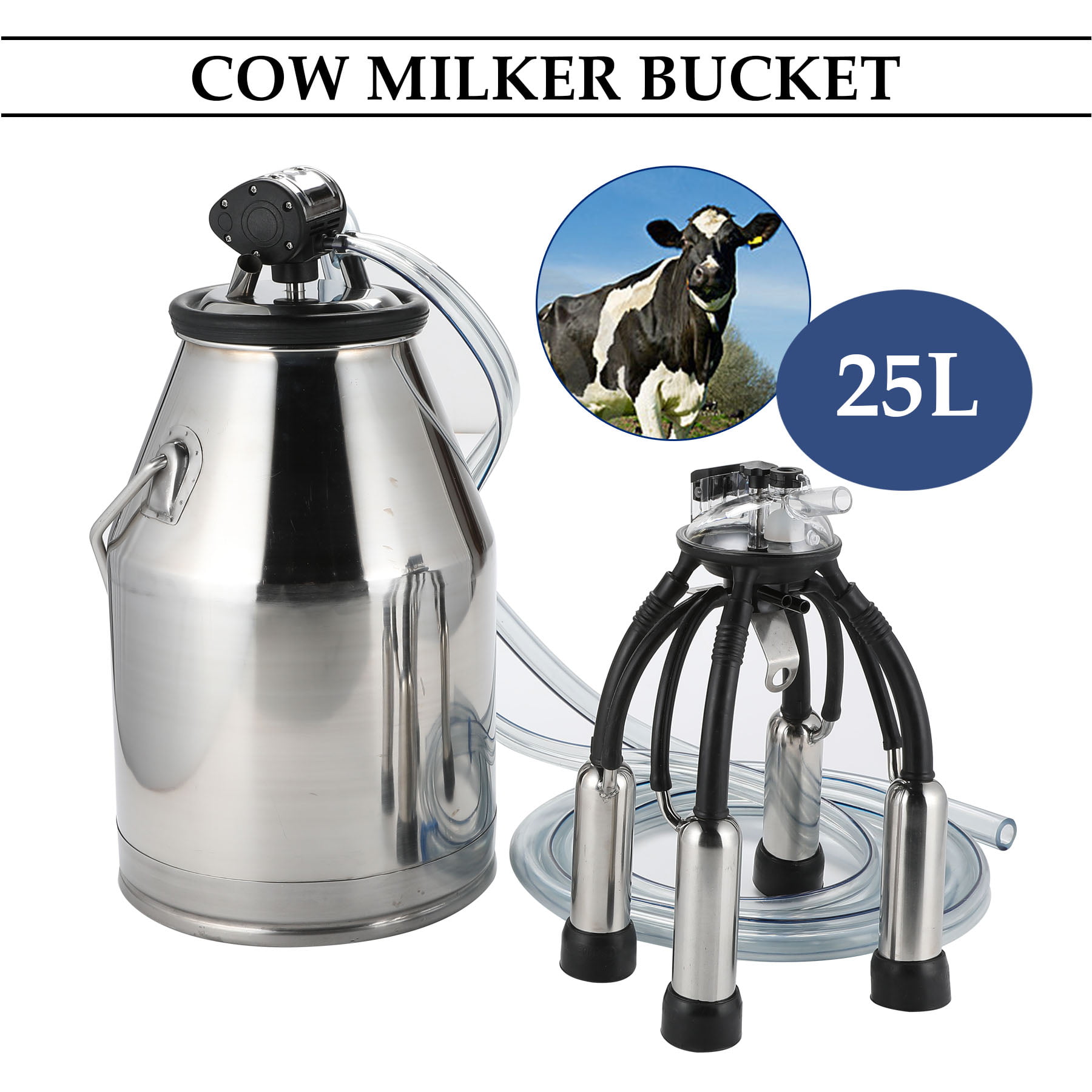 25L Stainless Steel Dairy Cow Milker Milking Machine Bucket Tank Barrel 