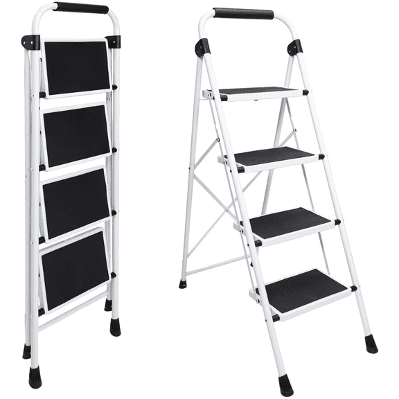 4 Step Ladder, Sturdy Step Stool with Anti-Slip Pedal and Handrail, Heavy Duty Portable Ladder for Kitchen Garage Outdoor, 330lb Capacity, Black