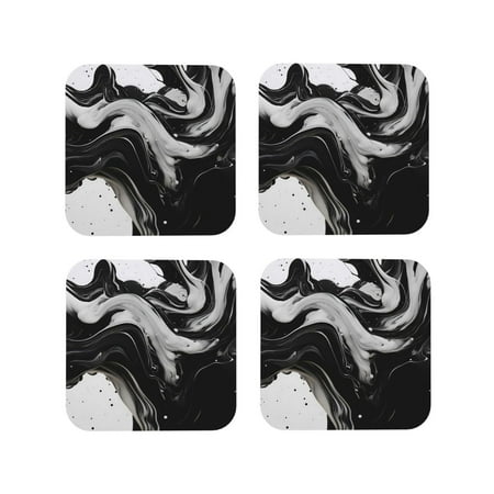 

Honeii Fluid Black White Paint Swirls Print Leather Coaster Set of 4 Ideal for Safeguarding Your Furniture from Drinks Spills and Effortless Cleanup-Square