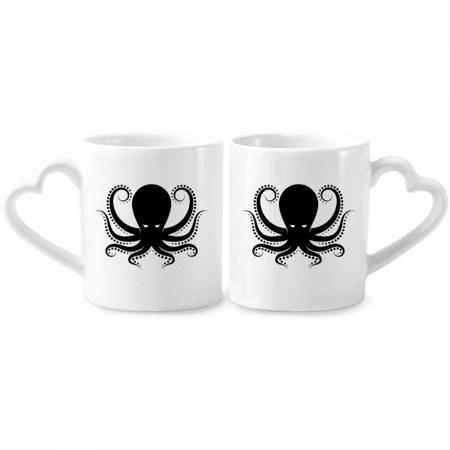 

Octopus Marine Life Black White Pattern Couple Porcelain Mug Set Cerac Lover Cup Heart Handle
