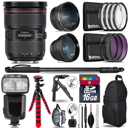 Canon 24-70mm f/2.8 II - 3 Lens Kit + Professional Flash - 16GB Accessory Bundle (International Version)