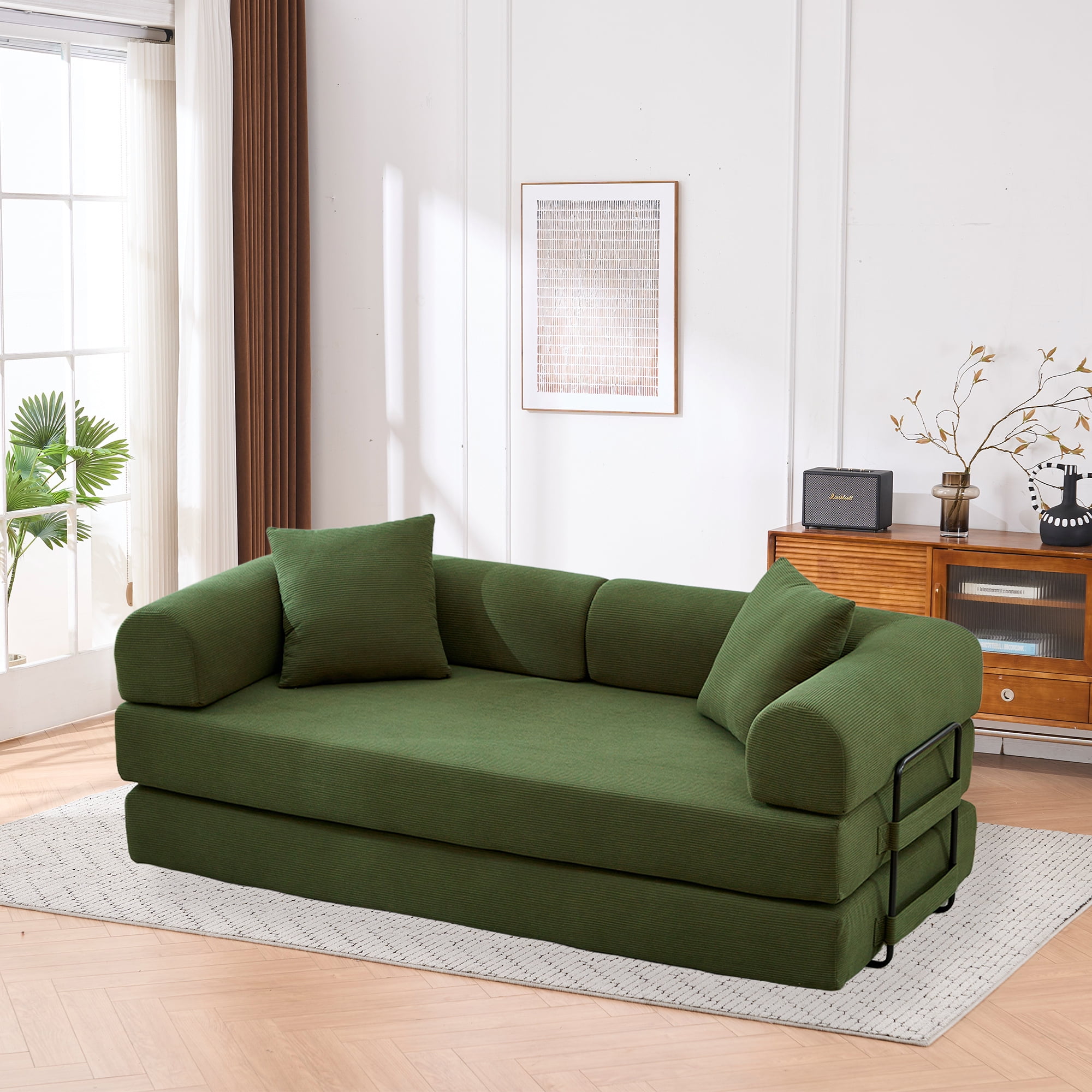 Leumius 4‑in‑1 Futon Sofa Bed,Modular Corduroy Sofa Couch with Fixed-Shape Frame & Removable Armrests,Folding Mattress Couch for Living Room, Office, Apartment,Green