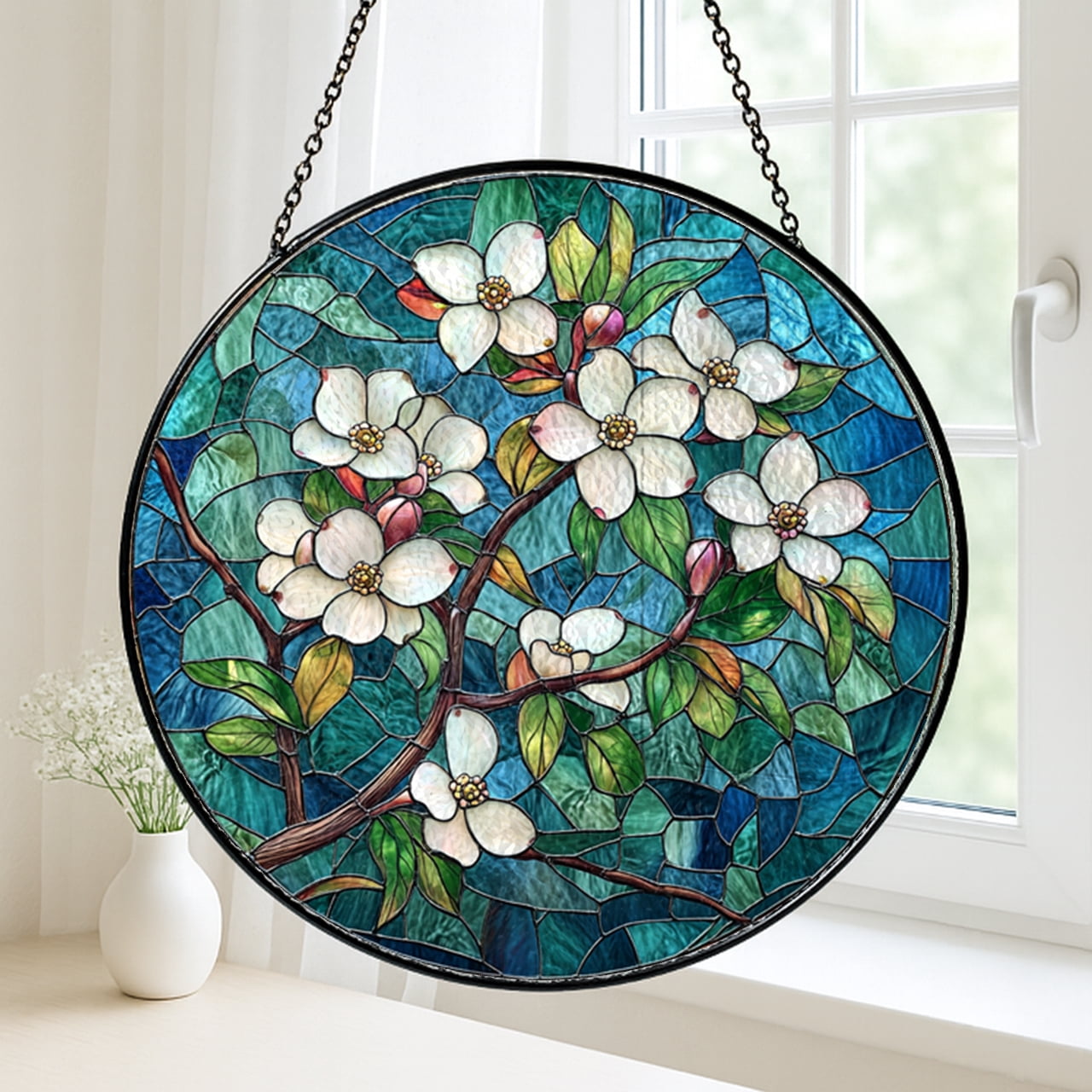 Dogwood Faux Stained Glass Panel, Botanical Window Decoration