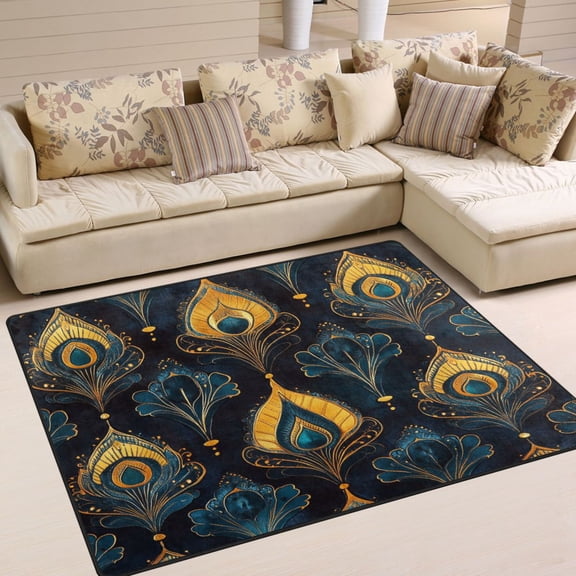 Yayeee Area Rugs for Living Room 5.2'x4' Non Slip Washable Bedroom Floor Carpet, Navy Blue Art Pattern