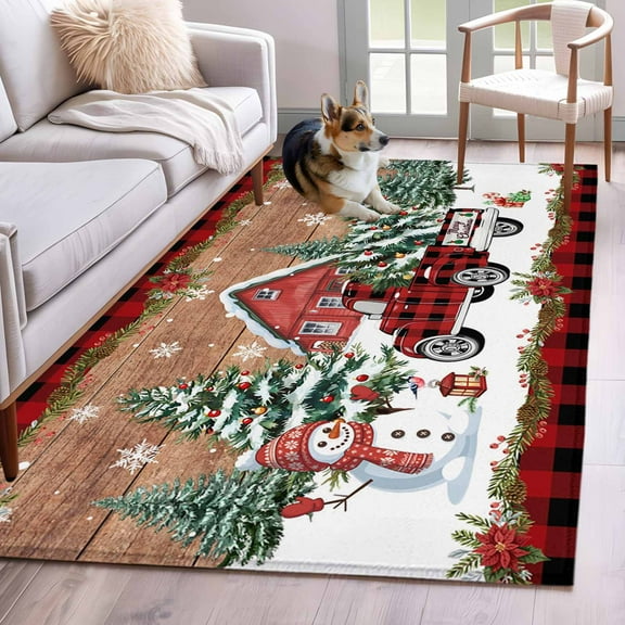 Red Plaid Christmas Area Rug 3x5 Washable Rug Non Slip Snowman Truck Xmas Tree Snowflake Wooden Large Area Rug Indoor Floor Carpet for Entryway Bedroom Kitchen Living Room Office Dining Room Nursery