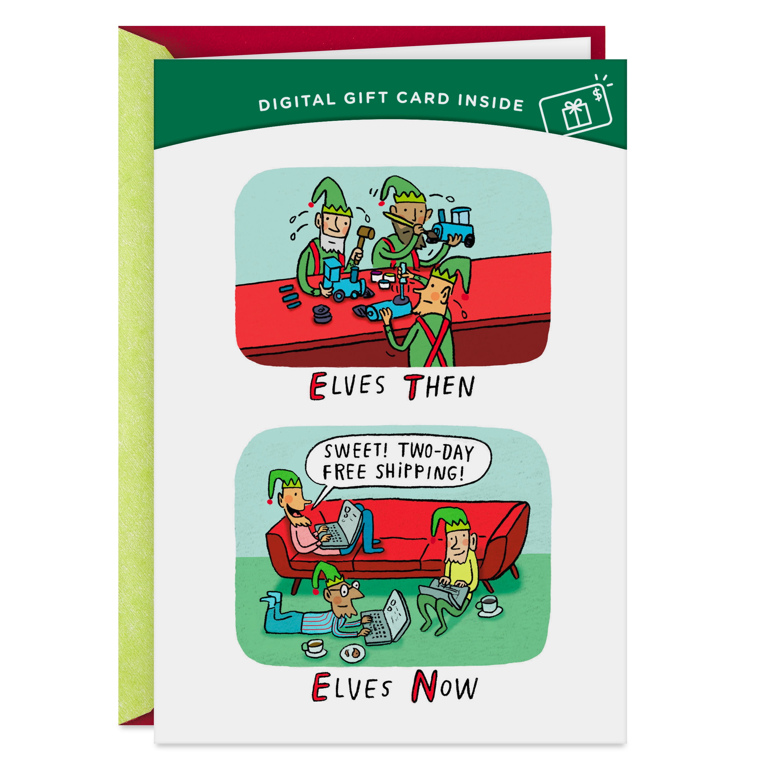 Hallmark Gift Card Greeting Funny Christmas Card (Elves Then and Now)