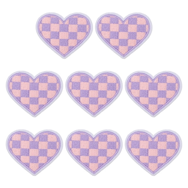 Uxcell 8 Pcs Parche Bordado en Forma de Corazón a Cuadros para Planchar, Aplicaciones para Coser en Chaquetas, Colección de Denim, Ropa, Vestidos, Sombreros, Jeans, Accesorio DIY, Púrpura Claro/Rosa