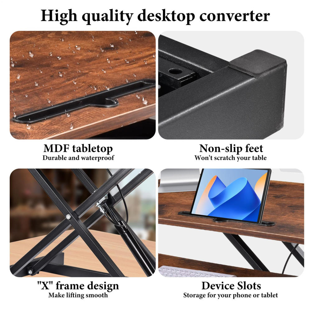 37 Inch Stand Up Desk Converter, Adjustable Standing Desk Riser with Keyboard Tray, 2 Monitor Workstation for Home Office Computing(Brown)
